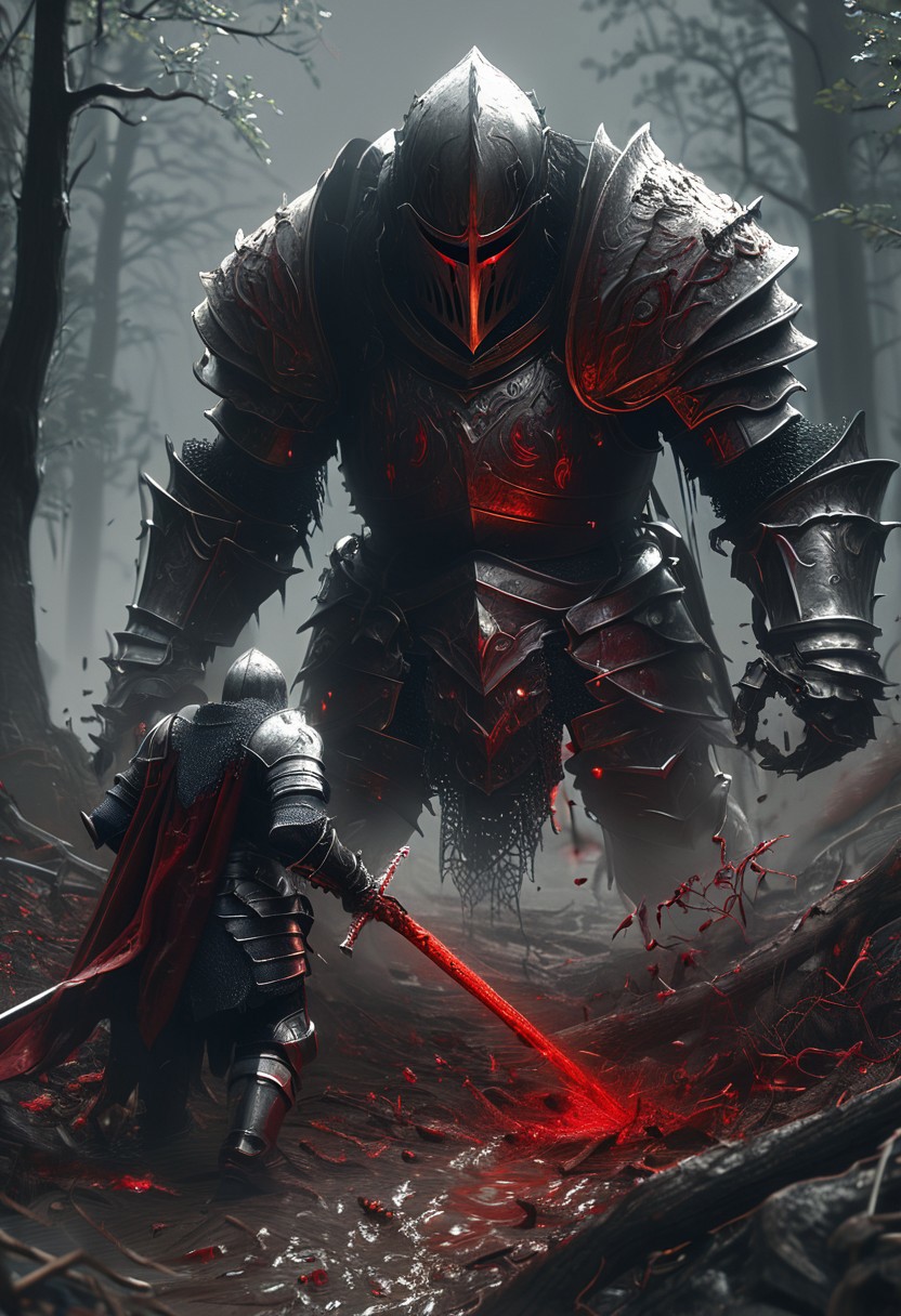 The Blood Knight of Ashen Hollow: In a cursed forest where the trees bleed and the ground is soaked in crimson, the hero faces a vampiric knight, clad in dark armor. With every hit, the knight regenerates by siphoning the blood from the earth itself. The hero, a holy cleric, must cleanse the battlefield with divine light while dodging the knight’s swift, deadly strikes in a fight where darkness and light clash,
Bosstyle<lora:CyberRealistic_Negative-neg:1>  <lora:detailed_notrigger:1>  <lora:XL_boss_battle:1>