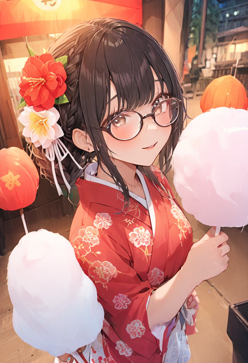 masterpiece, best quality, very aesthetic, absurdres,
cotton candy, 1girl, solo, glasses, black hair, holding, holding food, food, skewer, yukata, floral print, hair flower, braid, night, summer, paper lantern, 
 <lora:wataame_SDXL_V1:1>