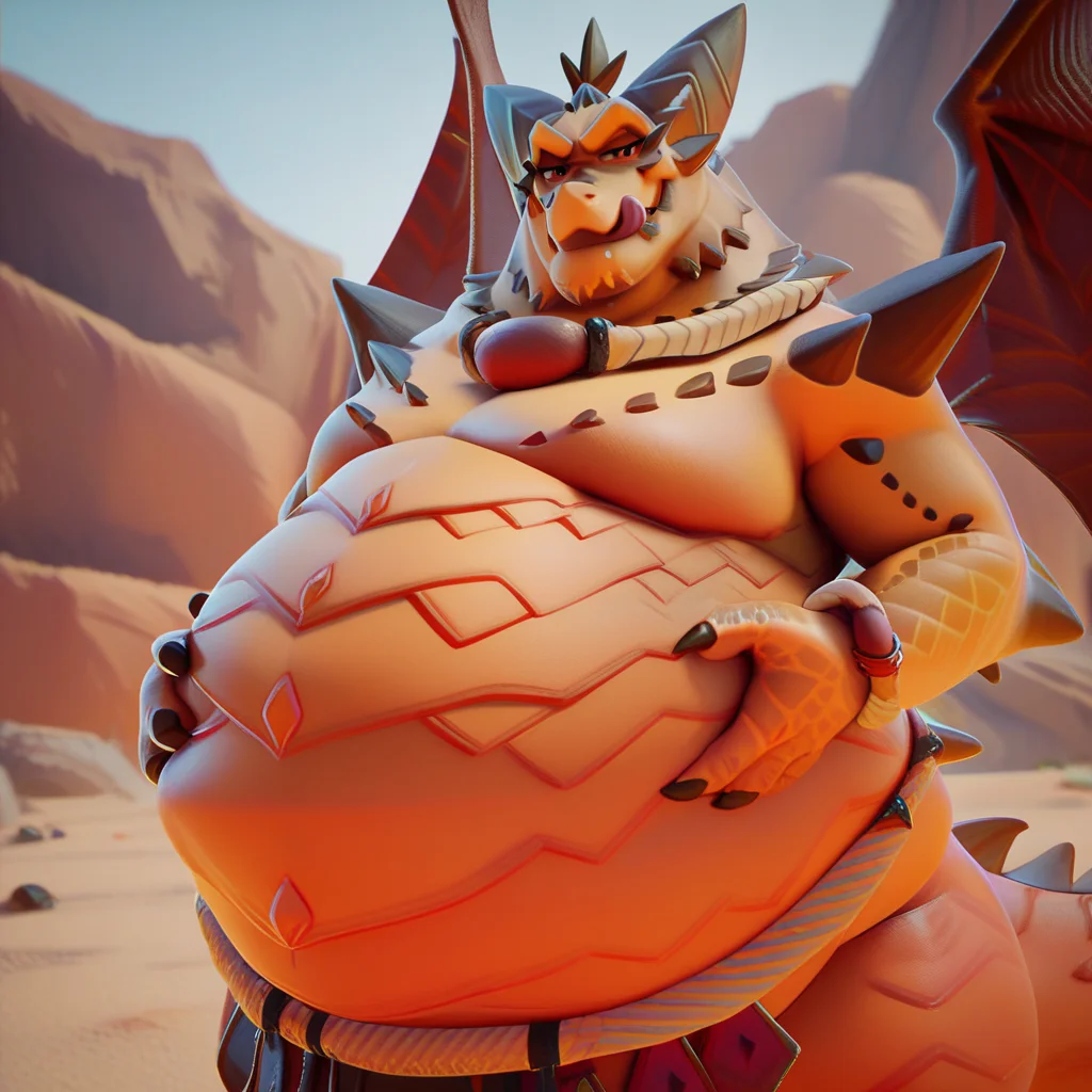 score_9, score_8_up, score_7_up, score_6_up, score_5_up, score_4_up, magnus, dragon, fat, orange skin, spikes, red wings, belt, outside, desert background, looking at viewer, tongue out, smug face, holding tummy, hands on tummy,