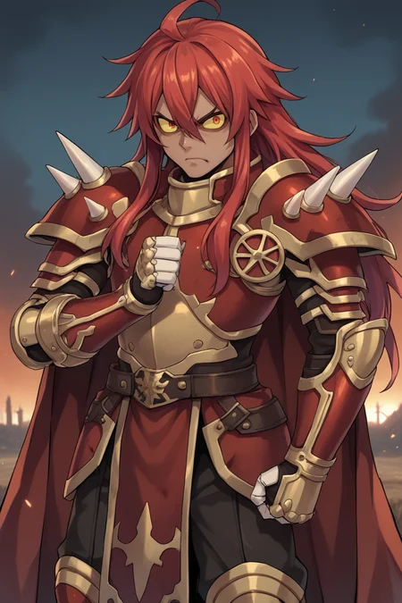 score_9, score_8_up, score_7_up, score_6_up, source_anime, BREAK, <lora:GulcasaPonyXL:0.8> , guldef, (Guldem), dark skin, dark-skinned male, (1boy), red hair, long hair, hair between eyes, (yellow sclera), (armor), full armor, spikes, shoulder armor, shoulder spikes, cape, red cape, pauldrons, gauntlets, solo, ((cowboy shot)), looking at viewer, serious expression, angry, clenched hand, (raised fist), <lora:zy_Detailed_Backgrounds_v1:0.3> , detailed background, highly detailed, exterior, castle, fortress, night, battlefield, wasteland, <lora:m4gXLP:0.4> , m4g,