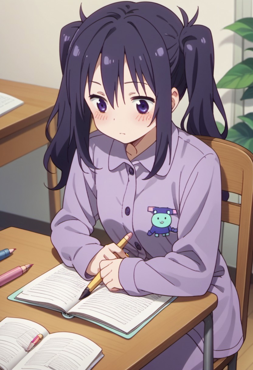 score_9, score_8_up, score_7_up, source_anime,kirie motoba, dark purple hair, dark purple eyes, long hair, 1girl, solo, twintails, blush, pencil, pajamas, sitting, chair, pen