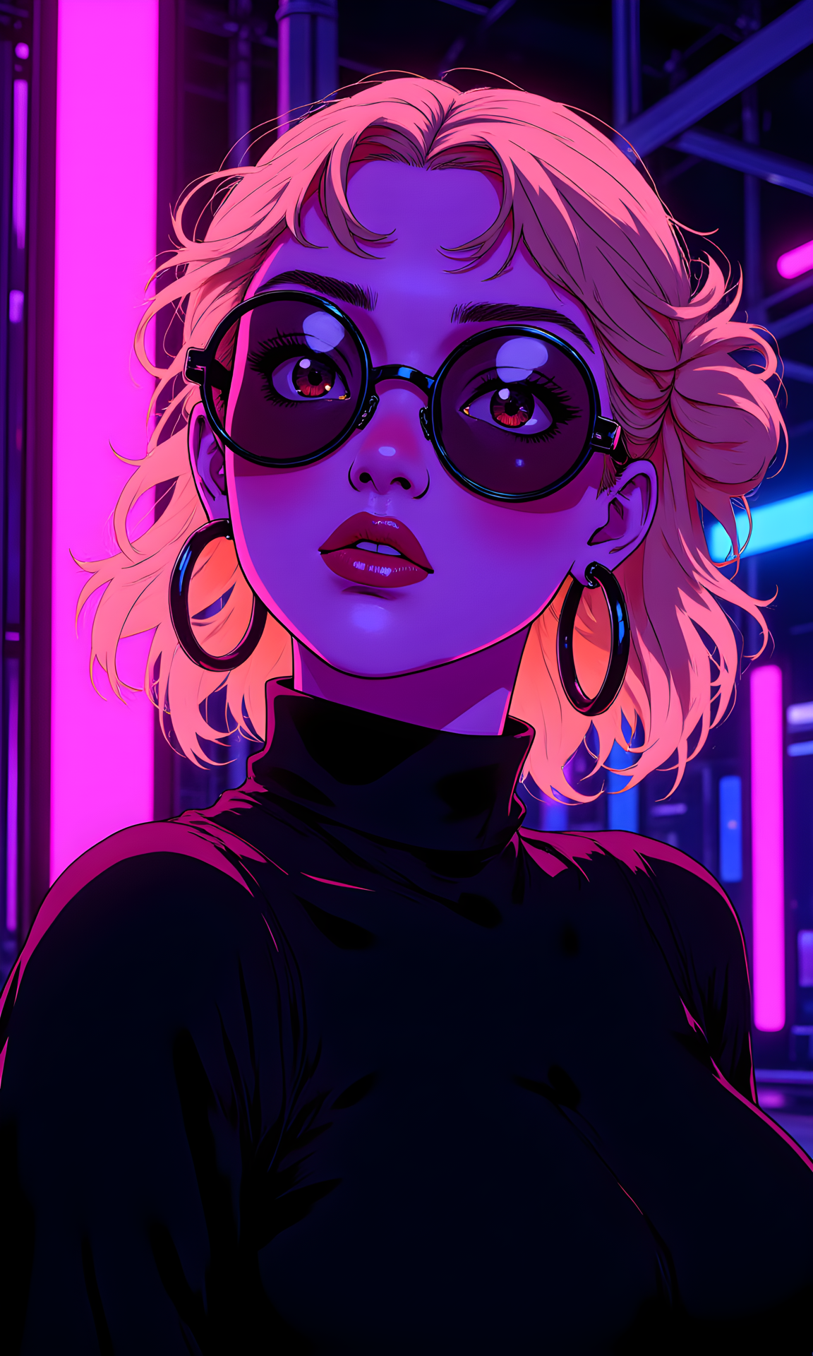 A woman with vibrant, neon-colored lighting illuminating her face and blonde hair. She has large, round sunglasses that reflect the colorful light, adding to the overall surreal and futuristic feel of the image. Her hair is styled in an updo, with some strands loosely framing her face.
Her facial expression is intense and captivating. She has a slight pout on her lips, which adds to the dramatic effect of the image. Her eyes are partially closed, creating a sense of mystery and allure. The bright colors of the lighting enhance the contours of her face, making her features stand out even more.
She is positioned at an angle, with her head tilted slightly upwards and to the side. This pose creates a dynamic and engaging composition, drawing the viewer's attention to her face and the colorful lighting. Her posture is confident and assertive, conveying a sense of self-assurance and presence.
The woman is wearing a black turtleneck top, which contrasts with the bright colors of the lighting. The simplicity of her outfit allows the focus to remain on her face and the vibrant colors. She also has large hoop earrings, which add a touch of style and personality to her look.
The camera is positioned close-up, capturing the woman from a frontal perspective. This angle allows for a detailed and intimate view of her face and upper body. The framing is tight, focusing primarily on her and the immediate surroundings.
The lighting in the image is predominantly neon, with shades of purple, pink, and blue casting a surreal glow over her face and hair. The bright colors create a high contrast between the illuminated areas and the darker background, enhancing the overall visual impact. The shadows are soft and subtle, adding depth and dimension to the image without overpowering the subject.
The background is dark and minimalistic, with no distinct features or objects. The focus is entirely on the woman and the neon lighting. The darkness of the background helps to draw attention to the subject and the vibrant colors.
The composition is centered and symmetrical, with the woman positioned in the middle of the frame. The lines of the sunglasses and the direction of her gaze guide the viewer's eye through the image, creating a sense of balance and harmony. The overall effect is one of drama and intensity, capturing a moment of powerful presence and beauty in a futuristic and surreal setting.
BREAK j_art, anime, anime art, <lora:FLUX\RetroAnimeS1.1:0.1>, <lora:FLUX\GLSHS:0.1>, <lora:FLUX\Dieselpunk Delight - s0_9 g4:0.1>, <lora:FLUX\Anime Art V3:0.1>, <lora:FLUX\jul\J_Anime:1.0>