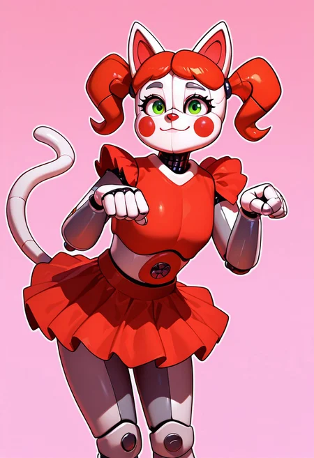 masterpiece, best quality, amazing quality, very aesthetic, absurdres, newest, detailed background, foreground blur, (( cinematic )),
circbb, twintails, robot, 1girl, red cheeks, , joints, skirt, red nose, green eyes, solo
pure pink background, smile, cat pose, cat ears, :3, cat tail, simple pink background,