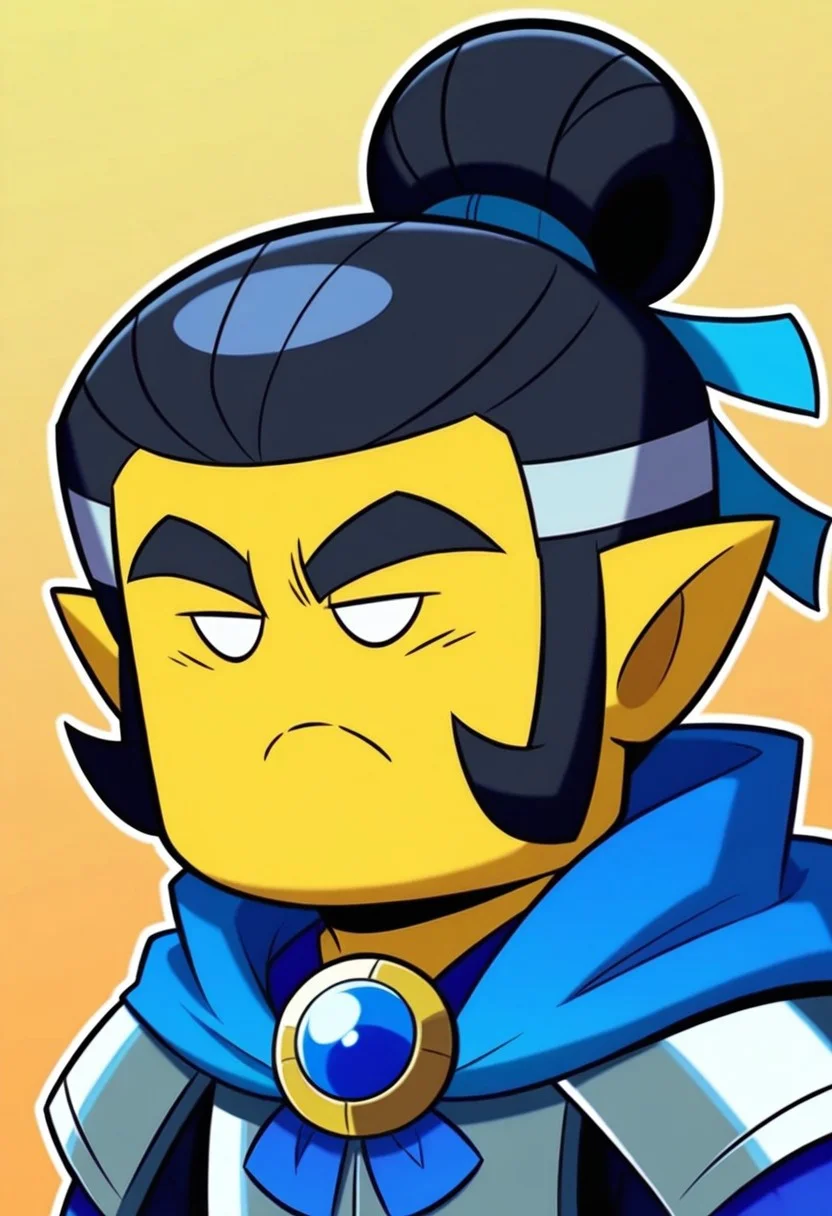 Mystic Mayor, mystic mayor, no pupils, pure white eyes, silver gray hair streaked with horizontal band of light blue, yellow skin, cape, 1boy, yellow skin, black hair, colored skin, male focus, solo, armor, single hair bun, thick eyebrows, blue cape, silver pauldrons, grey armor, closed mouth, frown, half-closed eyes