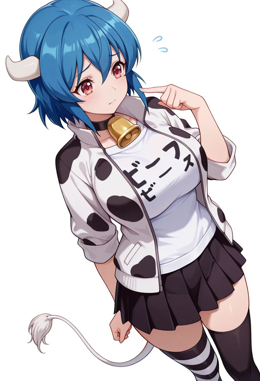 Smooth Quality,masterpiece,very intricate, high quality details, ultra realistic, high detailed skin,detailed enviorement,absurdres,
pointing at self,
<lora:Minos_CNR:0.8> minos_cnr, 1girl, blue hair, short hair, bangs,red eyes, cow girl, cow horns, cow tail, large breasts,minos_def_cnr,cow print,black skirt, pleated skirt, white jacket, collar, striped thighhigh, (black thighhigh:1.1),cowbell, open jacket, white shirt, asymmetrical legwear,, worried,, simple background, white background, dynamic angle,solo,