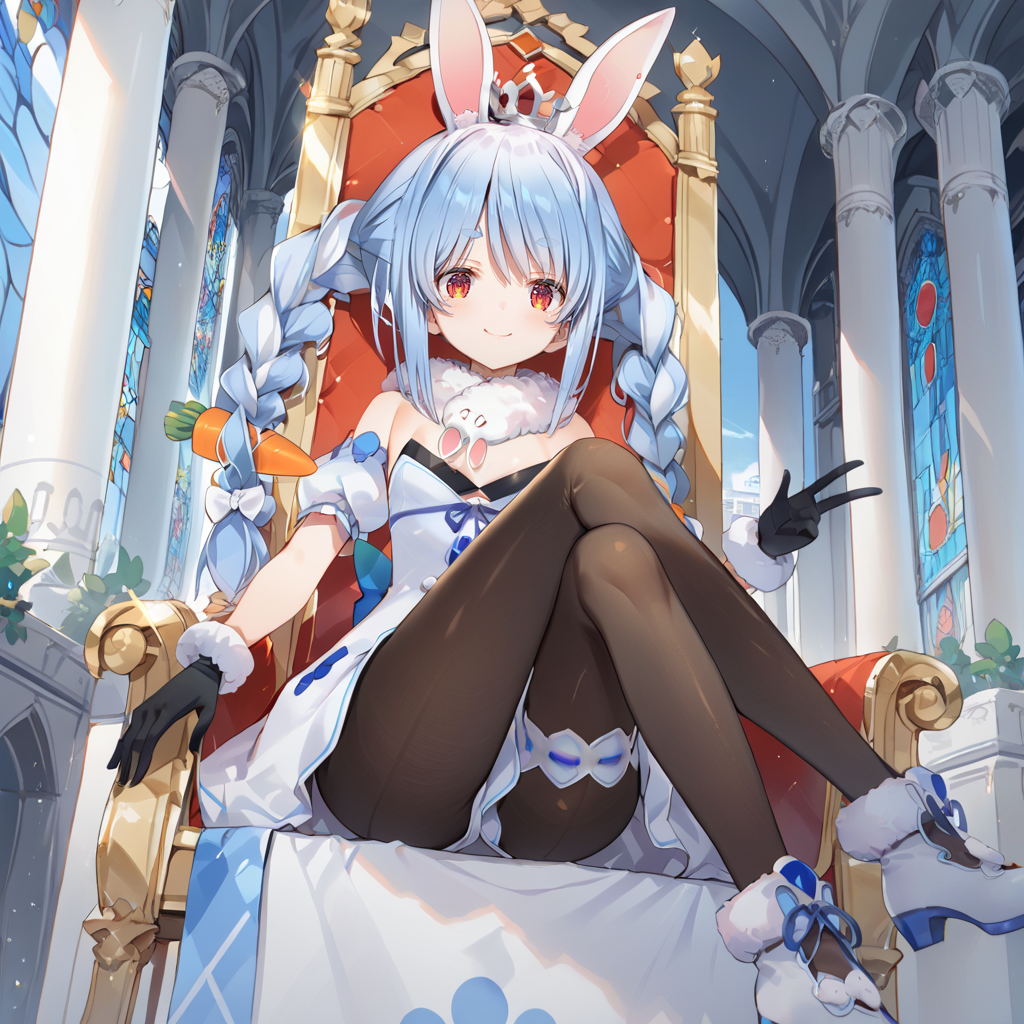 core_9,score_8_up,score_7_up,source_anime,high res image,masterpiece,best quality,(girl:1),cute face,clear skin,shiny hair,sitting,king,usada_pekora,1girl,animal ears,long hair,rabbit ears,gloves,pantyhose,carrot hair ornament,blue hair,hair ornament,food-themed hair ornament,twin braids,animal ear fluff,black gloves,braid,white hair,palace,throne,crown,centered,crossing legs,smug,<lora:cnv3mdde878c738thn20:0.8>,<lora:Usada_Pekora_åç°ãºãã_hololiveVtube-000005:0.9>,