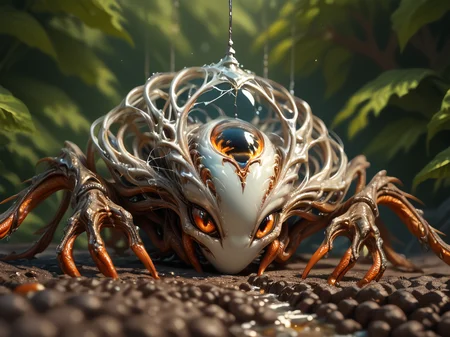 score_9, score_8_up, score_7_up, score_6_up, asrtomorph,
a close up of a poisonous spider with small head and big body , alien intricate riveted decorations on (bold_colored orange) spiked exoskeleton, on thick cable_like_webs, with a blurry background, macro photography, a macro photograph, naturalism , ultra_sharp_details, <lora:AstroMorph:1> <lora:p:.3> <lora:Add_More_details_SD3:.3>