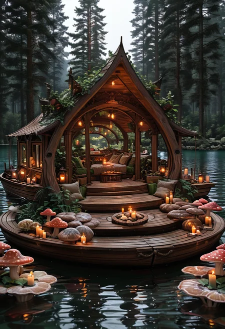 masterpiece, best quality, (giant mushrooms), N4t4rch, water, tree, forest, lantern, lamp, candle, watercraft, boat , <lora:NatureArchitecture_IXL:0.7>,