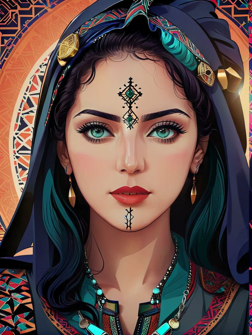 1woman, a poster by Maryam Hashemi, behance contest winner, moroccan cyberpunk art, poster art, digital illustration, <lora:UshamXL:1.2>, moroccan pattern background,