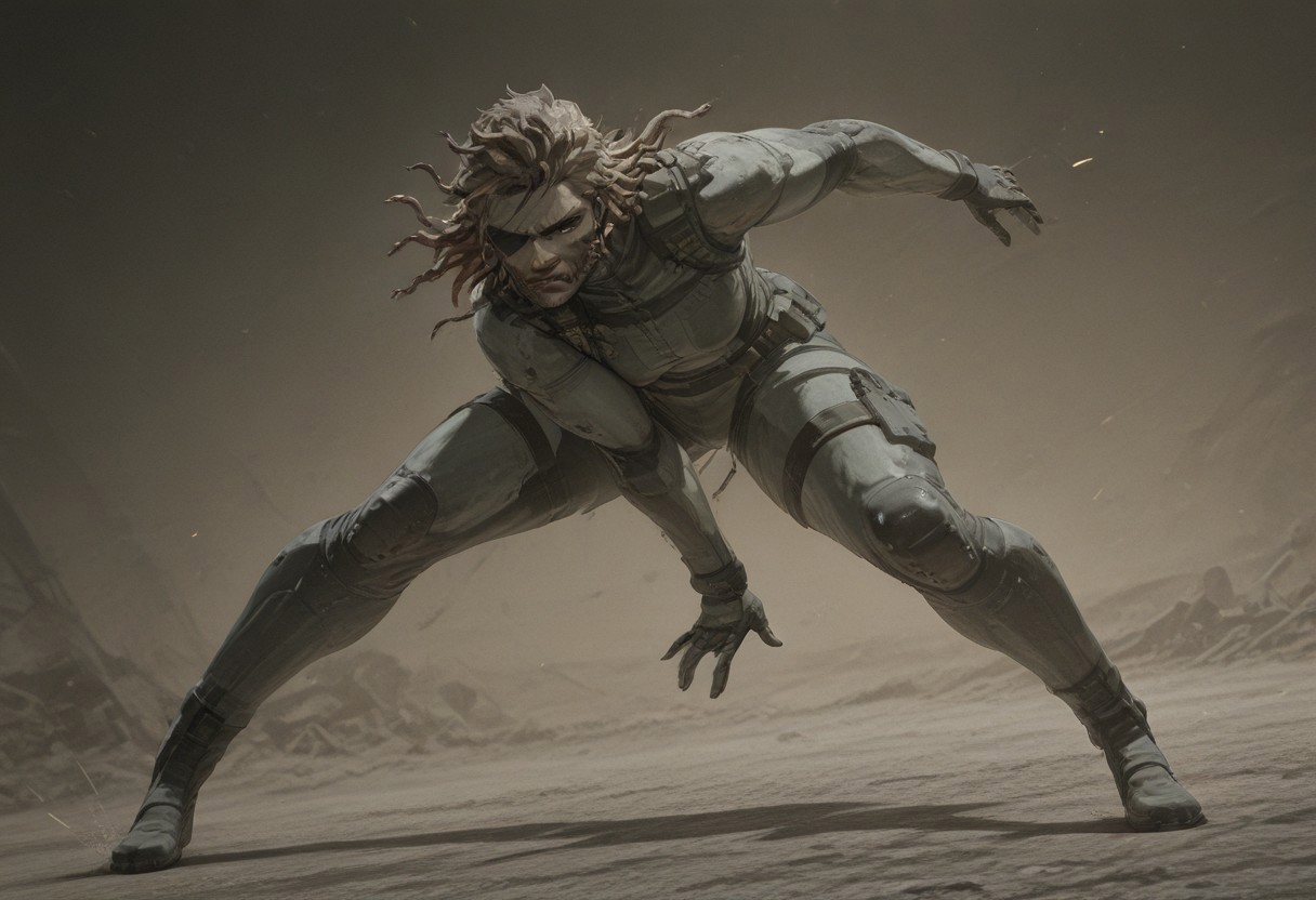 snake_hair, Score_9, score_8_up, score_7_up, 8k, masterpiece, uhd,8k textures,illustriousanime, ultradetailed, award-winning work, absurdres, very aesthetic quality,full body, dynamic pose, dynamic angles, combat, dutch angle, gunshot, enemies:1.2, snake's fighting enemies:1.2,
Solid snake, beard, eyepatch, snake_hair, worm on a string hair, fluffy, multicolored hair, snake,yoji_shinkawa,anime, cyberpunk