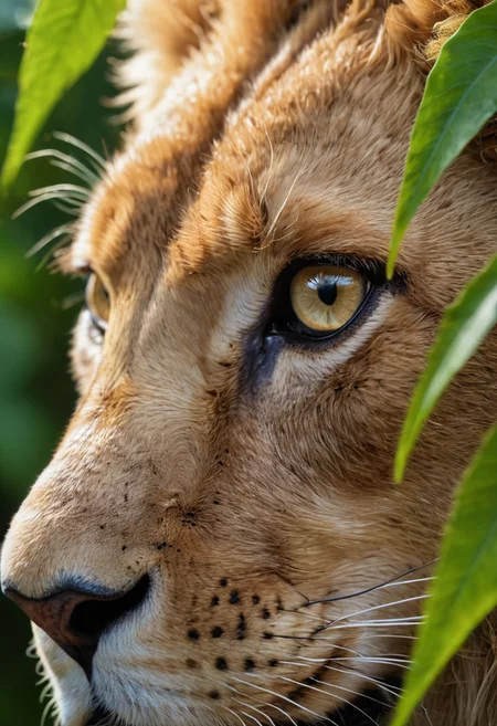 close-up,eyes focus,eye close-up,lion,hiding in the leaves,black dragon,shiny scales,((rain)),zazie rainyday,
(((masterpiece))),(best quality),((ultra-detailed)),beautiful eyes,macro shot,colorful details,natural lighting,
amazing composition,subsurface scattering,velus hairs,amazing textures,filmic,soft light,