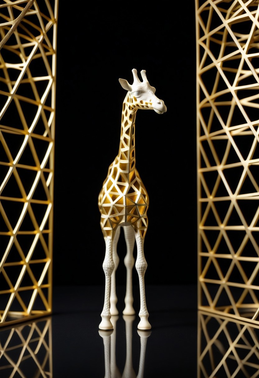 8K analog photo, 3d printed gold giraffe Statue made of Lattice Structure, WhiteMold, Walking, dark background, minimalist,