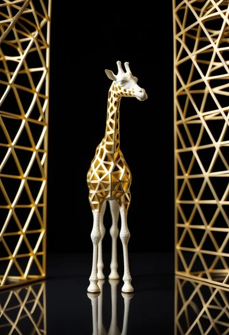 8K analog photo, 3d printed gold giraffe Statue made of Lattice Structure, WhiteMold, Walking, dark background, minimalist,