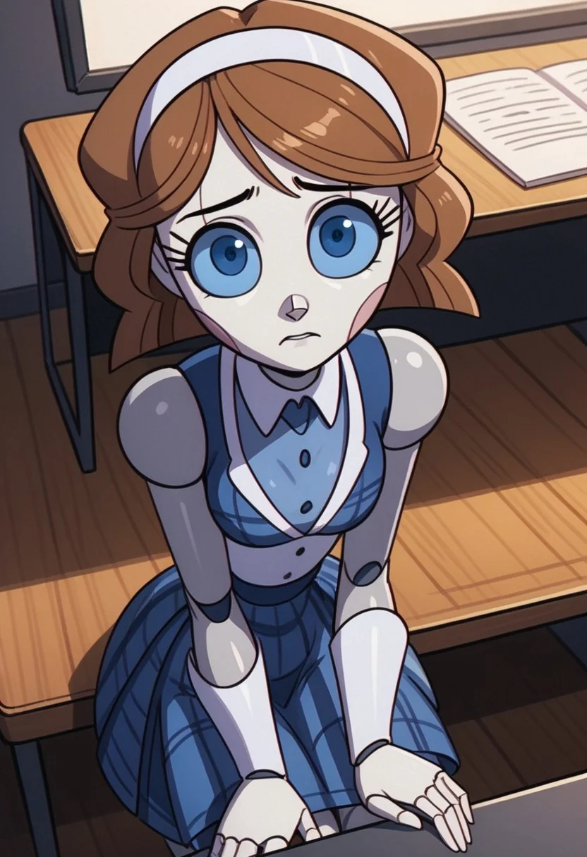 zPDXL3 , 1girl, robot, emmytr, robot, brown hair, blue eyes, worried, looking at viewer, kilt, plaid, cowboy shot, head tilt, on hands and knees, looking up, under a desk, metallic details,