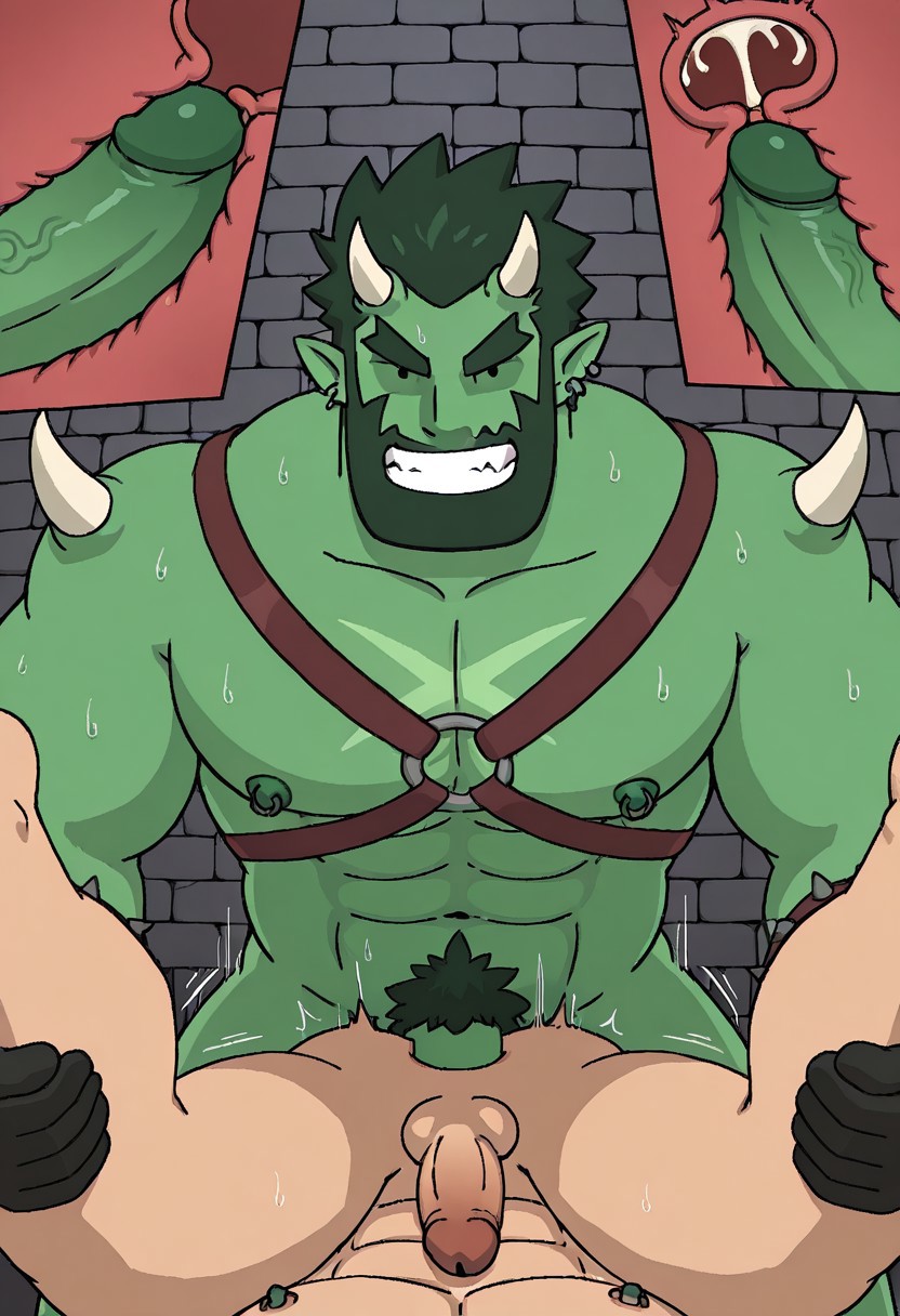 AstarothRMA, facial hair, bara, hair, black dot eyes, pectorals, abs, muscular, horns, green skin, pointy ears, tusks, beard, nipple piercings, harness, gloves, nude, penis, BREAK,
Sweaty, scowl, evil grin, grabbing another's legs, leaning forward, looking at viewer, BREAK,
dungeon, male focus, male solo focus, piledriver, anal sex, penetration, cross-section with penis, human, interspecies BREAK,
Pov View, close up, from below, dynamic, creative, motion lines, bara, masterpiece,best quality,amazing quality,