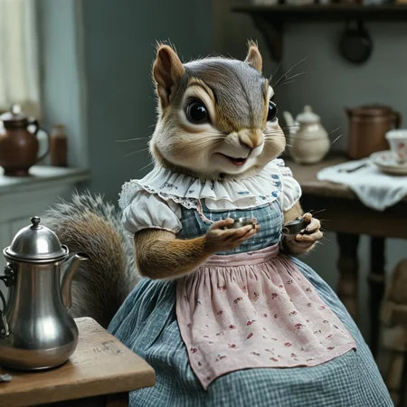 <lora:AnthropomorphicSDXL:1> Anthropomorphic, cinematic setting, The image shows a squirrel wearing a dress sitting on top of a table holding something in its hands. On the table there is a cloth a kettle a jar and other objects. The background is slightly blurred., apron, food, cup, mouse, dress, table, whiskers, no humans, blurry, holding