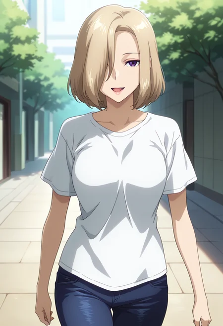 masterpiece, best quality, amazing quality, very aesthetic, absurdres, newest, illustration, perfect composition, intricate details, highres, anime coloring, general, 1girl, solo, (cowboy shot:1.2), rinxx, mature female, purple eyes, blonde hair, short hair, hair over one eye, lips, medium breasts, casual, white shirt, t-shirt, jeans, sneakers, looking at viewer, smile, open mouth, walking, outdoors, shiny body, shiny skin, skindentation, clear skin, shiny hair, ultra detailed eyes, depth of field, sharp, intricate details, hyperdetailed, ultra-detailed, detailed clothing folds, high contrast, dynamic light <lora:Suzukaze_Rin_Majestic_Prince_ill:1>