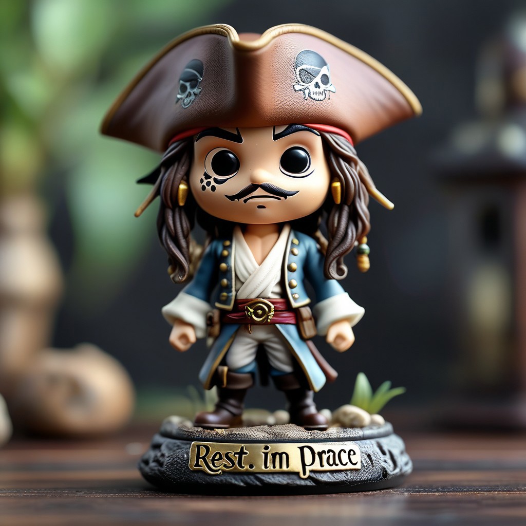 cinematic photo male, captain jack sparrow, glint eyes, from pirates of the caribbean, "rest in peace" is written on the base <lora:Cute_Collectible:0.8>, 35mm photograph, film, bokeh, professional, 4k, highly detailed