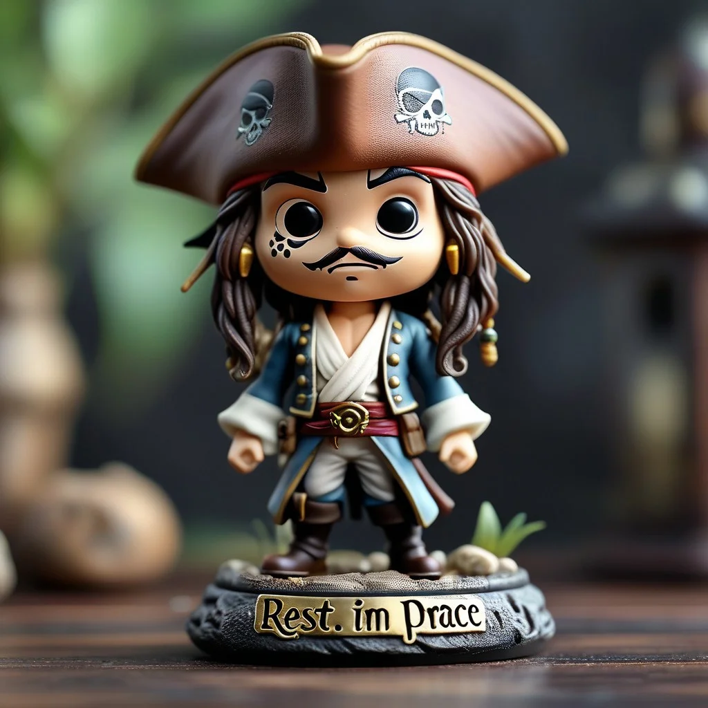 cinematic photo male, captain jack sparrow, glint eyes, from pirates of the caribbean, "rest in peace" is written on the base <lora:Cute_Collectible:0.8>, 35mm photograph, film, bokeh, professional, 4k, highly detailed