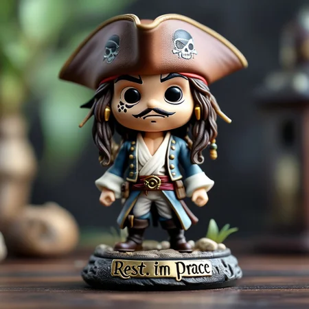 cinematic photo male, captain jack sparrow, glint eyes, from pirates of the caribbean, "rest in peace" is written on the base <lora:Cute_Collectible:0.8>, 35mm photograph, film, bokeh, professional, 4k, highly detailed
