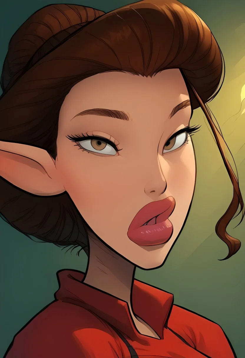 score_9, score_8_up,score_7_up, score_6_up, absurdres, source_hentai, rating_explicit, masterpiece, perfect face, (hyper detailed eyes), dynamic lighting, (dark fantasy), solo, 
Sharona wei, brown hair, 1girl, large breasts, thick lips, eye shadow, eyes lowered, looking at viewer, pointy ears, red uniform, miniskirt, start trek, high boots, hair up, 
Clean bold lines, smooth lines, intricate details,
stunningly shot, hyperrealism, 8k Sony Alpha α7, ISO1900, holographic, dramatic, photorealistic, realistic, ray tracing, crepuscular rays [32k, FXAA, CGI, post processing, full - HD, 8k] cowboy shot,