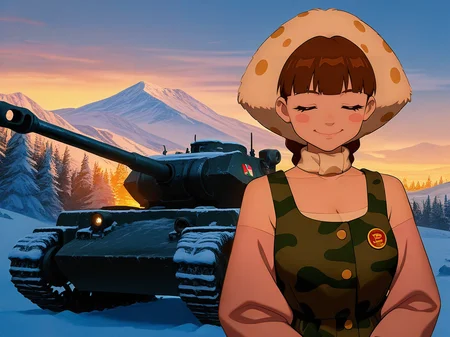 cinematic film still anime artwork concept art masterpiece, best quality, amazing quality, intricate detail, highly detailed, absurdres,
lubava, 1girl, braid, brown hair, solo,  blush stickers,  twin braids, mature, sexy, breast,hat, polka dot,
 Fur hat (ushanka), bear next to a woman, full body, hoodie, pants, smile, closed eyes, v, sexy, oversized tank top, medium breast, cleavage, areolas, 90s aesthetic, pop art in dark grunge style, winter, russia, military technic, bangs,explousions,  russian flag,
<lora:illustrious_noobai_epsilon_pred_1_best_quality_v1:1> masterpiece, best quality, very aesthetic, absurdres <lora:noobai_vpred_1_masterpieces_v23:1> masterpiece, best quality, very aesthetic <lora:lubava-20:1>  . digital artwork, illustrative, painterly, matte painting, highly detailed . anime style, vibrant, studio anime, highly detailed . shallow depth of field, vignette, highly detailed, high budget Hollywood movie, bokeh, cinemascope, moody, epic, gorgeous, film grain, grainy wearing military-inspired fashion. Camouflage, khaki, structured, badges