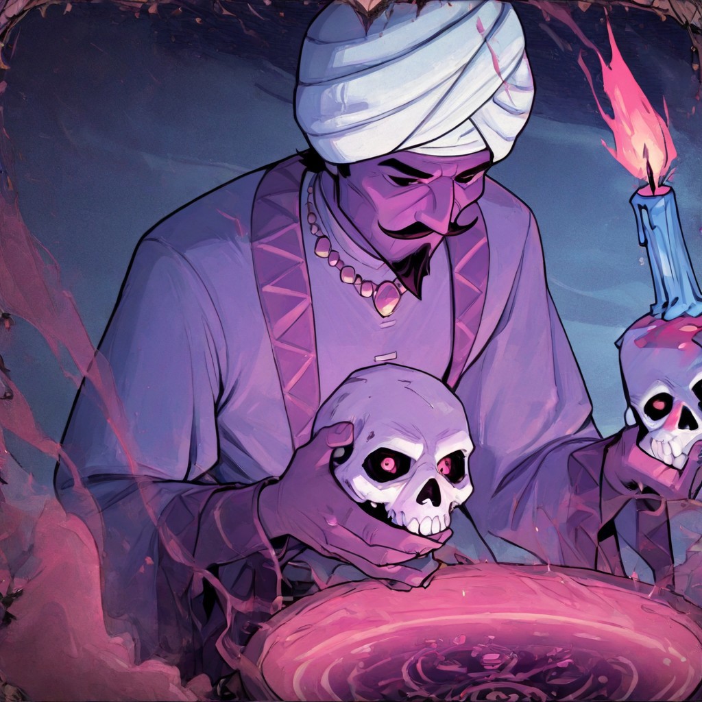 masterpiece, best quality, newest, absurdres, highres, anime, anime style, 1boy, DDOCC-V1.1, turban, headgear, facial hair, mustache, short hair, beard, arabian, arabian male, holding, candle, skull,
