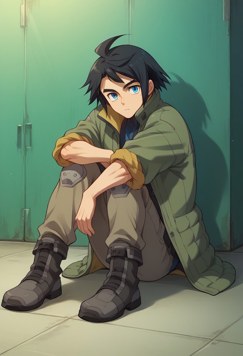 score_9, score_8_up, score_7_up, source_anime, highly detailed, 
mikazuki, 1boy, male focus, solo, black hair, ahoge, blue eyes, knee pads, boots, jacket, coat, rolled up sleeves, sit, hugging own legs,
indoor, hangar,