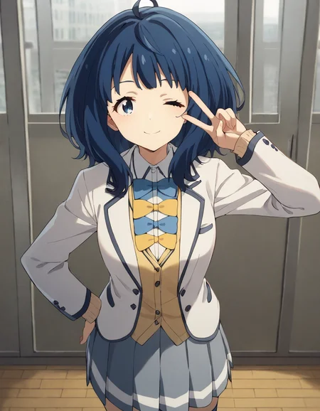 score_9, score_8_up, score_7_up, source_anime, BREAK
1girl, solo, looking at viewer, indoors, windows, v-pose, one eye closed, light smile, full body, from above, hand on own hip,
anna yanami, blue hair, medium hair, ahoge, blue eyes,
winter school uniform, white blazer, open blazer, white collared shirt, long sleeves, sleeves past wrist, blue bowtie, yellow bowtie, yellow vest, grey pleated skirt, blue kneehighs, white footwear,
<lora:anna_yanami_anime_v7-soralz:1>,