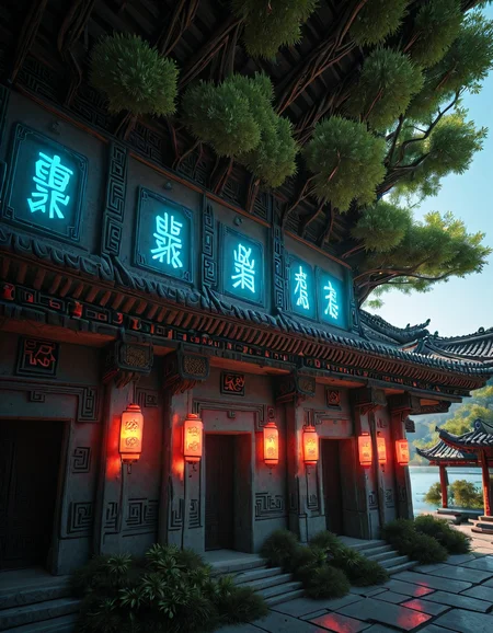 <lora:CWMinis01v2illa:1> cw01mini, hologram tree, colorful, vegetation, chinese, chinese temples, glowing kanji, glow, illuminated, day, neons, too many wires, tubes on walls, low angle shot, photo, mist, persons, blue sky, sunny day, glowing runes, lake,