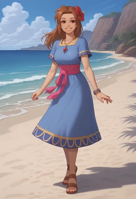 score_9, score_8_up, solo, <lora:Degen_Marin_v1-000009:1> marin, blue dress, sash, necklace, short sleeves, single hair flower, sandals, brown eyes, smile, beach, getting undressed