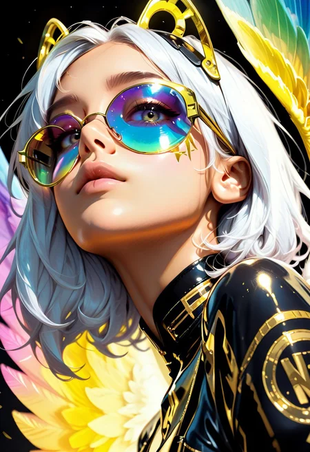 masterpiece, best quality, good quality, very aesthetic, absurdres, newest, 8K, depth of field, focused subject,
close up, stylized, in gold and neon shades, wabi sabi, 1girl, rainbow angel wings, looking at viewer, dynamic angle, from below, from side, relaxing