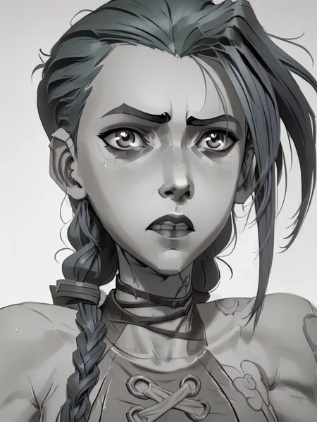 score_9, score_8_up, score_7_up, score_6_up, BREAK, Sk3tch, sketch, monochrome, <lora:Sketch:1> 1girl, j1nx, blue hair, chocker, long twin pigtails, tattoo <lora:JinxPDXL:1>
