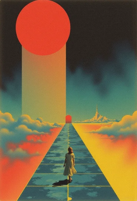 surreal painting, colorful, no humans, upper body, grid, surreal painting, Vintage film grain, depth of field, film grain