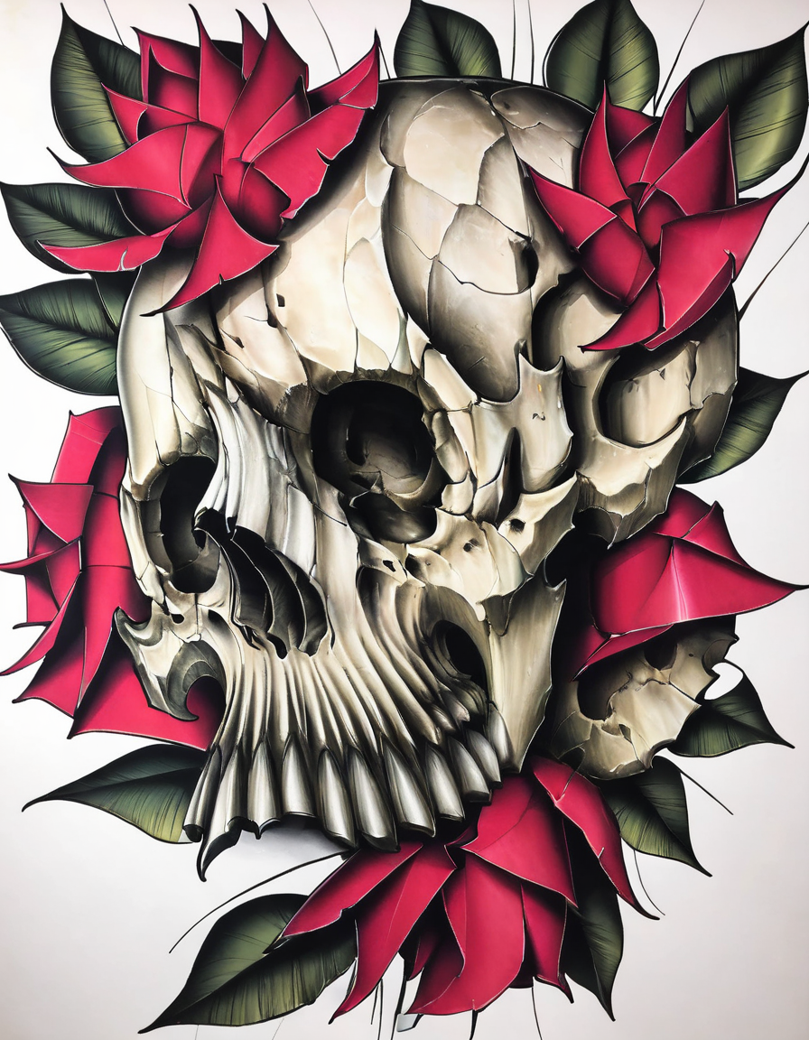 <lora:t3v3-000006:0.8>t3v3, white background, skull, flowers, leaves