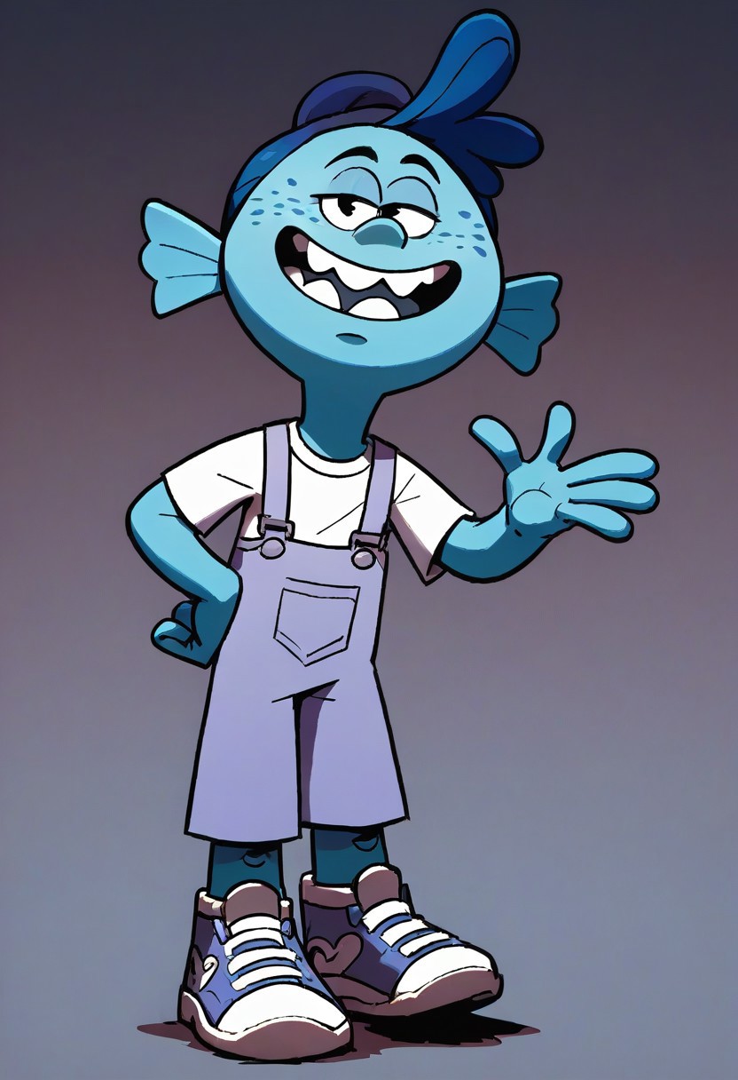 (score_9 | score_8_up | score_7_up) ((masterpiece:1))(best quality,very high quality,ultra detailed:1.2) (2D,cartoon style,anime style)(Smooth:2)(clean blurring) (four fingers on each hand,one thumb on each hand:1), Leon Loud, solo, 1boy, two strands of hair, teeth, white shirt, lavender overalls, white booties, light aquamarine skin color, dark-blue tentacle hair, freckles, large fins acting as ears