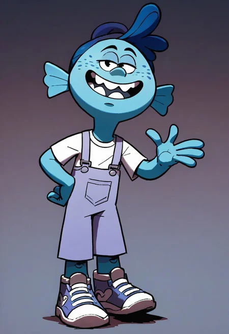 (score_9 | score_8_up | score_7_up) ((masterpiece:1))(best quality,very high quality,ultra detailed:1.2) (2D,cartoon style,anime style)(Smooth:2)(clean blurring) (four fingers on each hand,one thumb on each hand:1), Leon Loud, solo, 1boy, two strands of hair, teeth, white shirt, lavender overalls, white booties, light aquamarine skin color, dark-blue tentacle hair, freckles, large fins acting as ears
