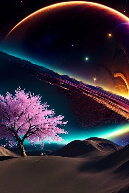 Planet surface landscape, background mountains, glowing, plants, sci-fi, fantasy, space art, galaxy background, tree on planet, cherry blossoms, sakura flowers, shooting stars, dynamic angles, intricate details, film grain, accent lighting, soft volumetric light, shallow depth of field , cinematography, realistic, SyFyEye1.
3D
