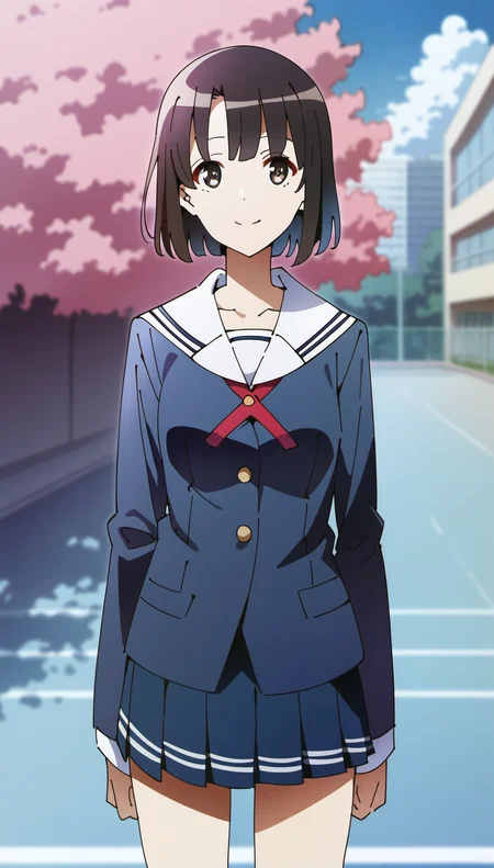 score_9,score_8_up,score_7_up,
<lora:megumikato:0.9>,
megumikato,
1girl,solo,black hair,bangs,short hair,brown eyes,looking at viewer,smile,blue school blazer,long sleeves,red ribbon tie,pleated skirt,cowboy shot,standing,
blurry background,vignetting,bloom,outdoors,blue sky,cloud,campus,