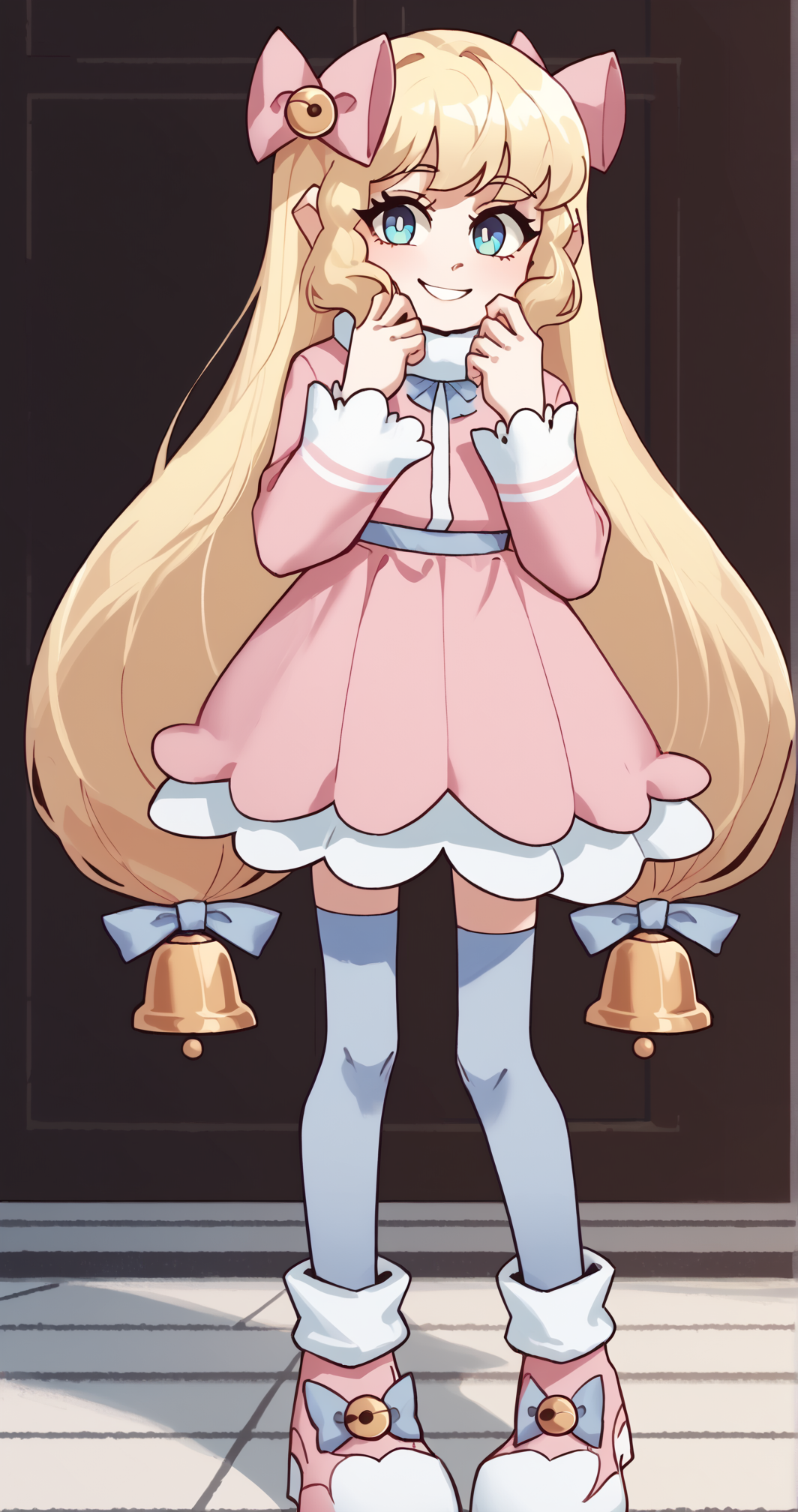 ((score_9)), score_8_up, score_7_up, high quality, masterpiece,     epitheterased, handfixer, 1girl, PhoenicaF, blonde hair, very long hair, blue eyes, Normal Phoenica, bell, hair bell, long sleeves, pink bow, blue bow, hair ornament, socks, blue thighhighs, pink footwear, pink dress , smile<lora:HandFixer_pdxl_Incrs_v1:1>,<lora:EpithetErased:0.8>,<lora:Phoenica_Fleecity:0.9>