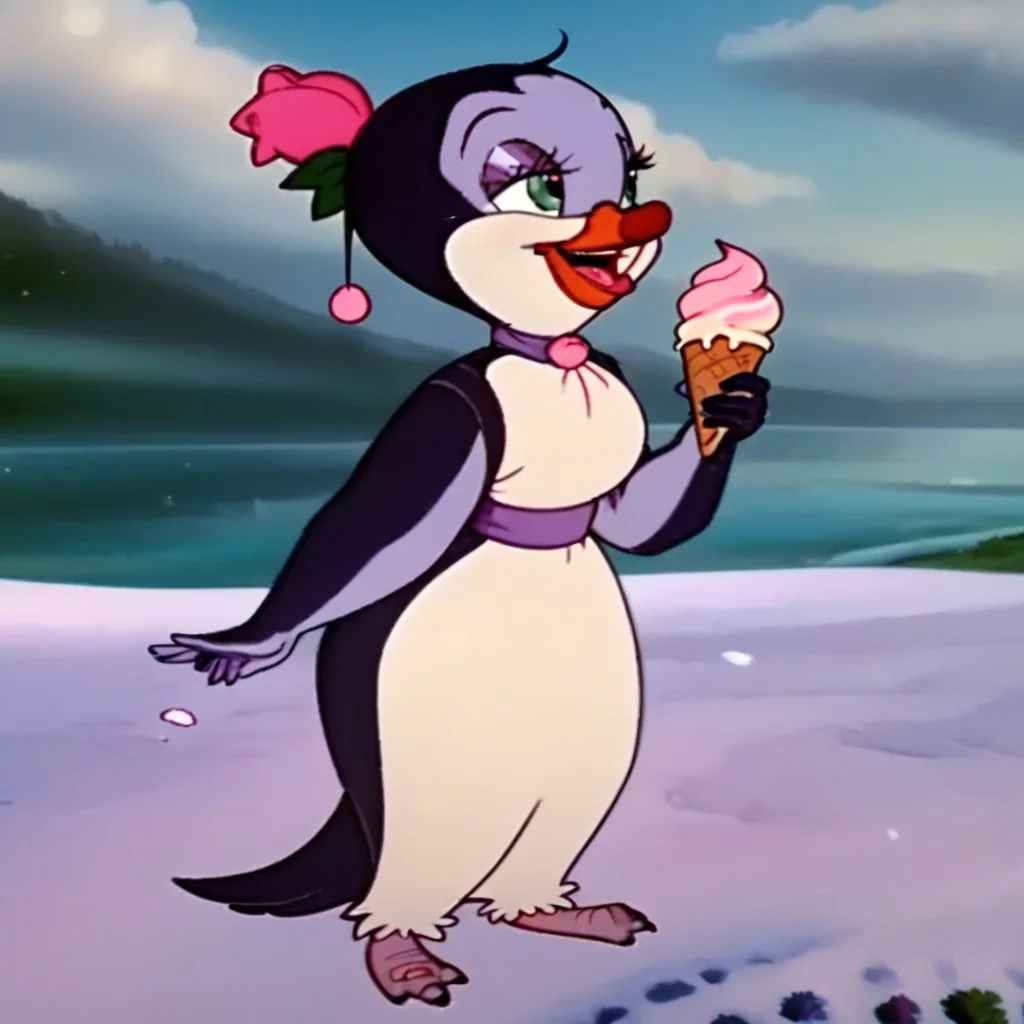 score_9, score_8_up, score_7_up, BREAK, 1girl, female penguin, in the snow, cloud, green eyes, purple skin, bird, hairy, standing, full body, smiling, holding an ice cream, licking ice cream