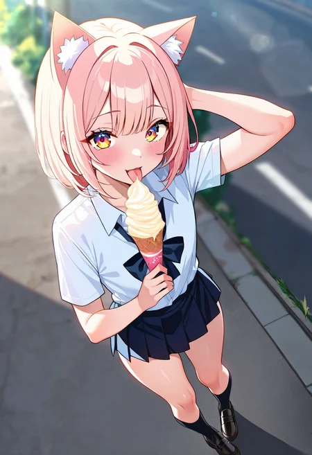 (masterpiece,best quality,very aesthetic, absurdres),(1girl,otoko no ko,femboy:1.2),from above,daytime,sunshine,sun light on face,blink effect,on street,passerby,blurred background,cute,solo,short hair,light pink hair,pink small cat ears,light orange eyes,cute round face,licking ice-cream,slim,small butt,crossdressing,jk school uniform,dark blue skirt,white top,cyan bowtie,full body,uncensored,<lora:better skin XL-v1:1>,<lora:spo_sdxl_10ep_4k-data_lora_webui:0.4> ,<lora:noobaiXLNAIXL_epsilonPred11Version-lora:0.1>