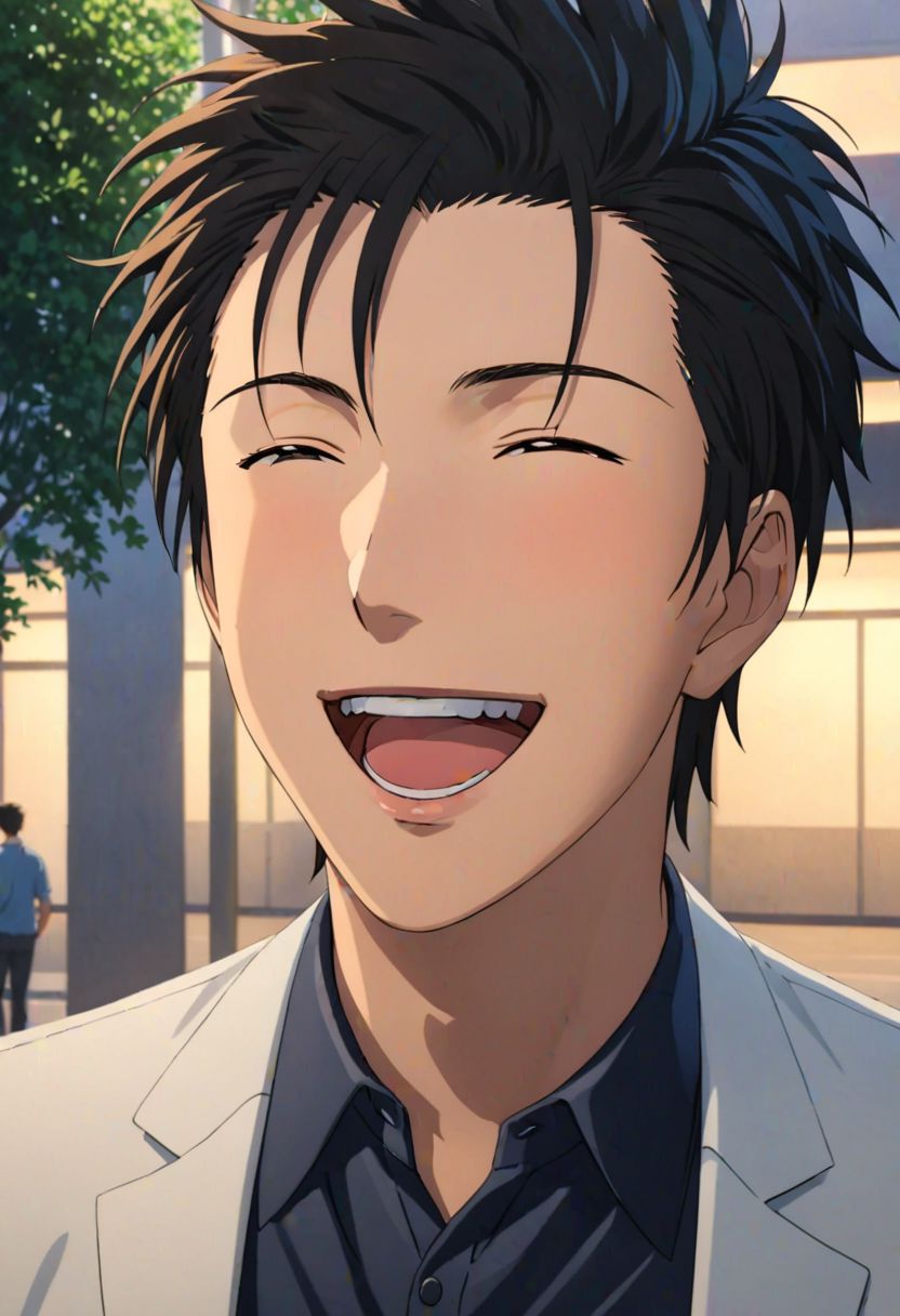 Highres, Masterpiece, High Quality, 4K, Soujiro Agata, 1boy, solo, black hair, laughing, Public Space, Realistic Light, potrait, Candid Photo