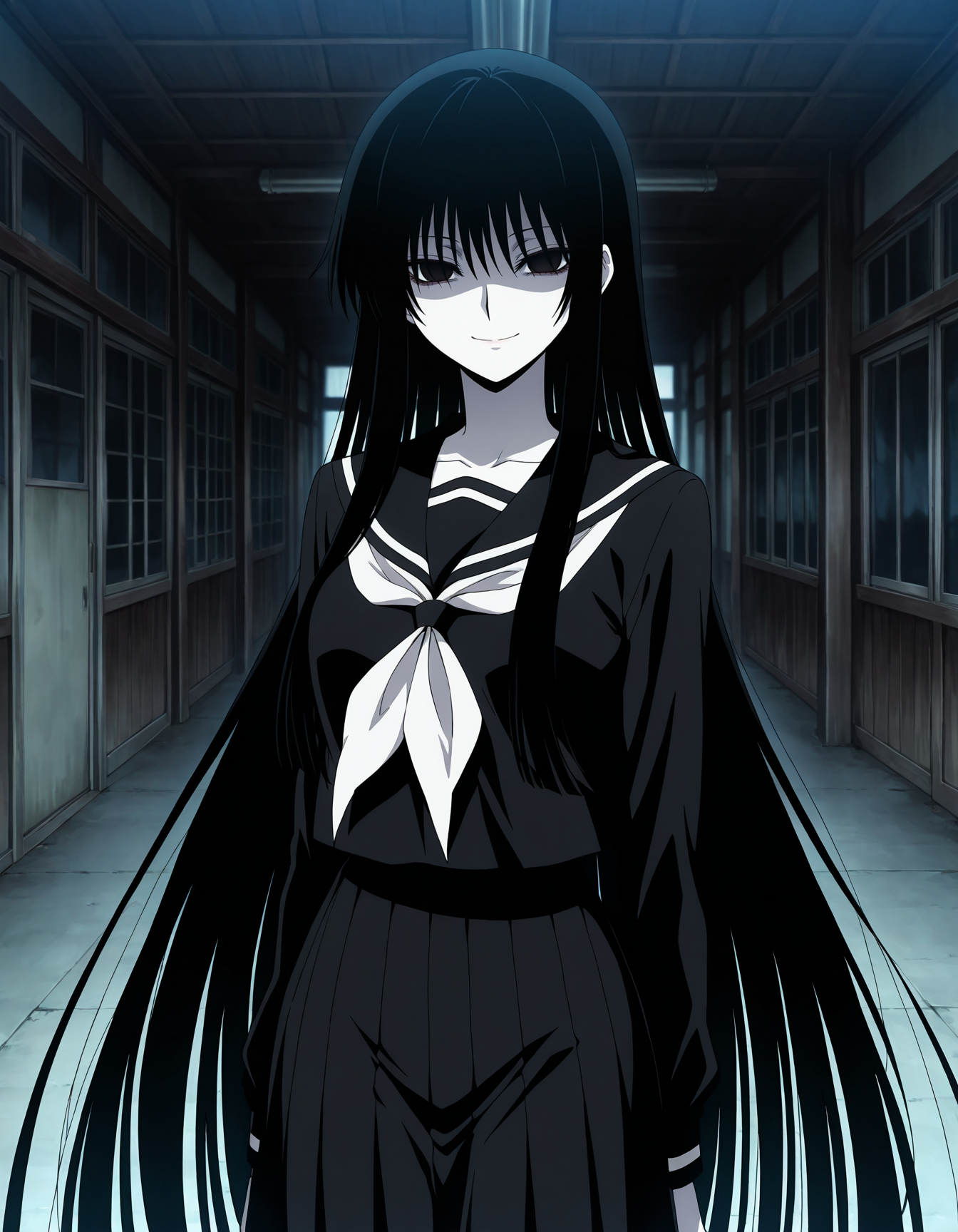 hagoromogitsune,solo,monochorome girl,black eyes,shaded facee,empty eyes,black hair,pale skin, white skin,very long hair,1girl,looking at viewer,smile,school uniform,black serafuku,
,masterpiece,best quality,amazing quality, <lora:hagoromogitsune-ILXL:0.8>  , anime screencap,