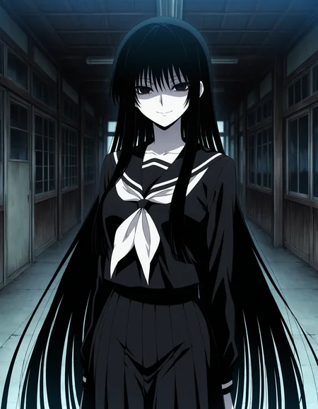 hagoromogitsune,solo,monochorome girl,black eyes,shaded facee,empty eyes,black hair,pale skin, white skin,very long hair,1girl,looking at viewer,smile,school uniform,black serafuku,
,masterpiece,best quality,amazing quality, <lora:hagoromogitsune-ILXL:0.8> , anime screencap,