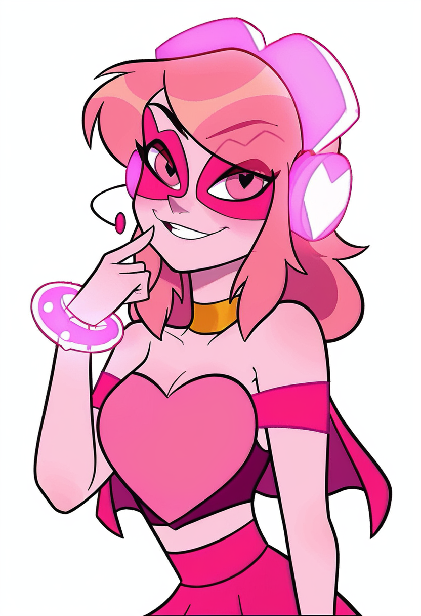 score_9, score_8_up, score_7_up, clean scene, white background, looking at viewer, <lora:Miss_Heed_2_PDXL:0.9> missheedxl, pink skin, colored skin, pink eyes, pink hair, headset, pink mask, pink headphones, pink heart shaped crop top, skirt, bracelet, golden choker, capelet,