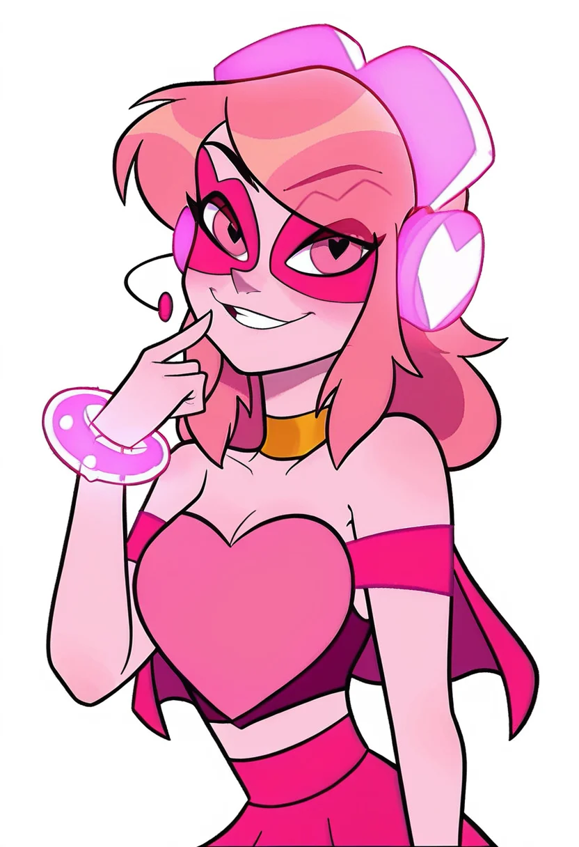 score_9, score_8_up, score_7_up, clean scene, white background, looking at viewer, <lora:Miss_Heed_2_PDXL:0.9> missheedxl, pink skin, colored skin, pink eyes, pink hair, headset, pink mask, pink headphones, pink heart shaped crop top, skirt, bracelet, golden choker, capelet,