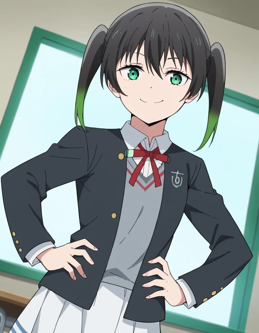 score_9, score_8_up, score_7_up, source_anime, <lora:yuu-takasaki-s2-ponyxl-lora-nochekaiser:1>, yuu takasaki, bangs, black hair, hair between eyes, twintails, green eyes, multicolored hair, green hair, medium hair, two-tone hair, gradient hair,, skirt, long sleeves, school uniform, jacket, red ribbon, black jacket, blazer, nijigasaki academy school uniform, white skirt,, indoors, smug, smile, looking at viewer, solo, hands on hips,, cowboy shot, dutch angle