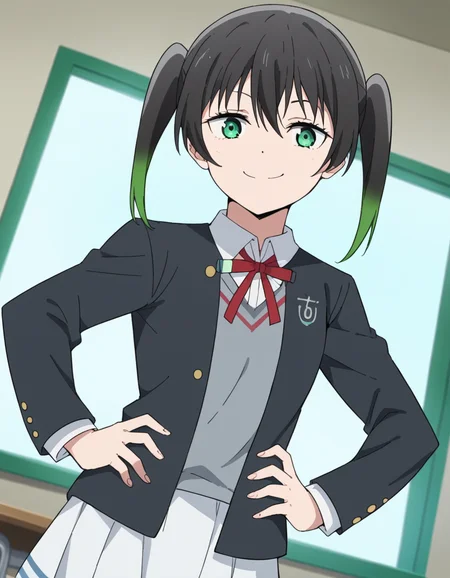 score_9, score_8_up, score_7_up, source_anime, <lora:yuu-takasaki-s2-ponyxl-lora-nochekaiser:1>, yuu takasaki, bangs, black hair, hair between eyes, twintails, green eyes, multicolored hair, green hair, medium hair, two-tone hair, gradient hair,, skirt, long sleeves, school uniform, jacket, red ribbon, black jacket, blazer, nijigasaki academy school uniform, white skirt,, indoors, smug, smile, looking at viewer, solo, hands on hips,, cowboy shot, dutch angle