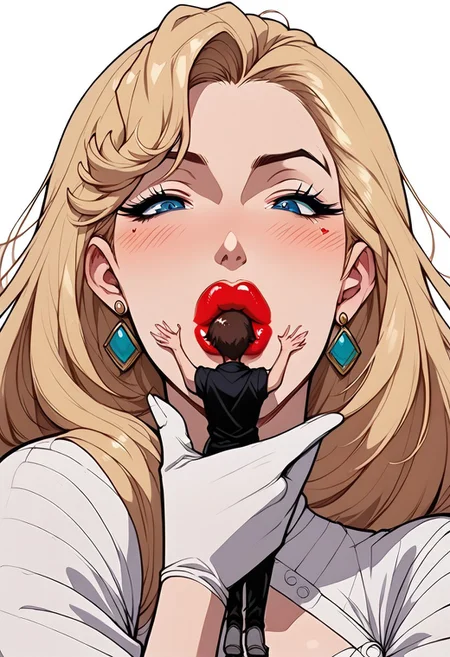 ((5 perfect fingers)),score_9, score_8_up, score_7_up, score_6_up, score_5_up, score_4_up,intricate detail, high res, 2d, comic drawing style, black, outlines,pokemon_(anime),Asian-Less2-Neg,
Giantess Kiss, 1girl (helga, lipstick, makeup, plump lips, latex gloves), Giant female, 1boy, miniature male, size difference, full-face kiss from giantess to miniature man, imminent kiss, female holding male with one hand, MALE FULL FACE PRESSED AGAINST LIPS, FEMALE KISSING FULL FACE, male face pressed into and facing lips, female sucking male face